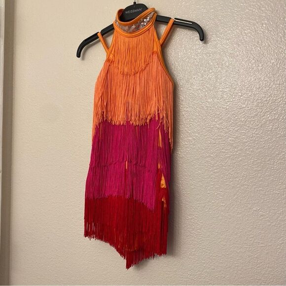 Weissman Dance costume flapper orange Fringe dress Electric Feel 14338 MC chil - Picture 2 of 10